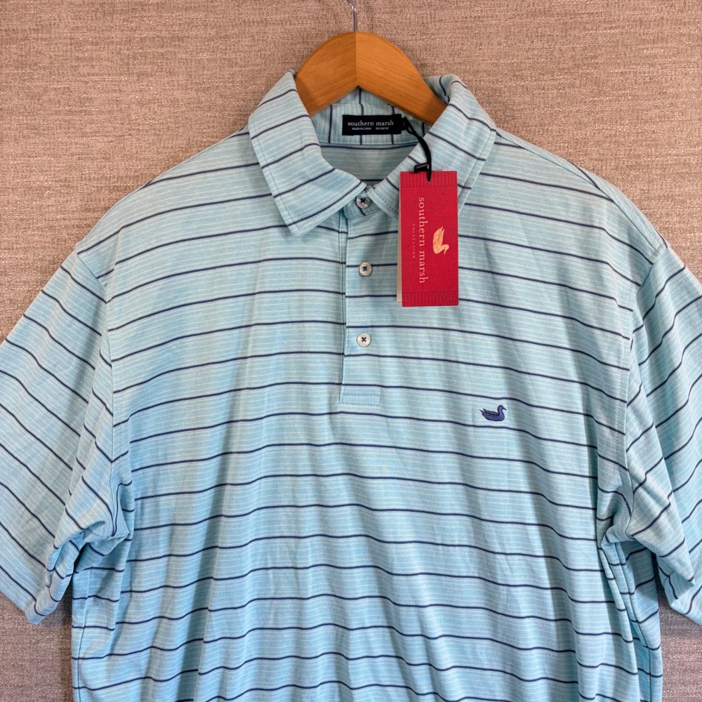 NEW Southern Marsh Berkley Performance Striped Polo Teal Slate Blue Mens L NWT